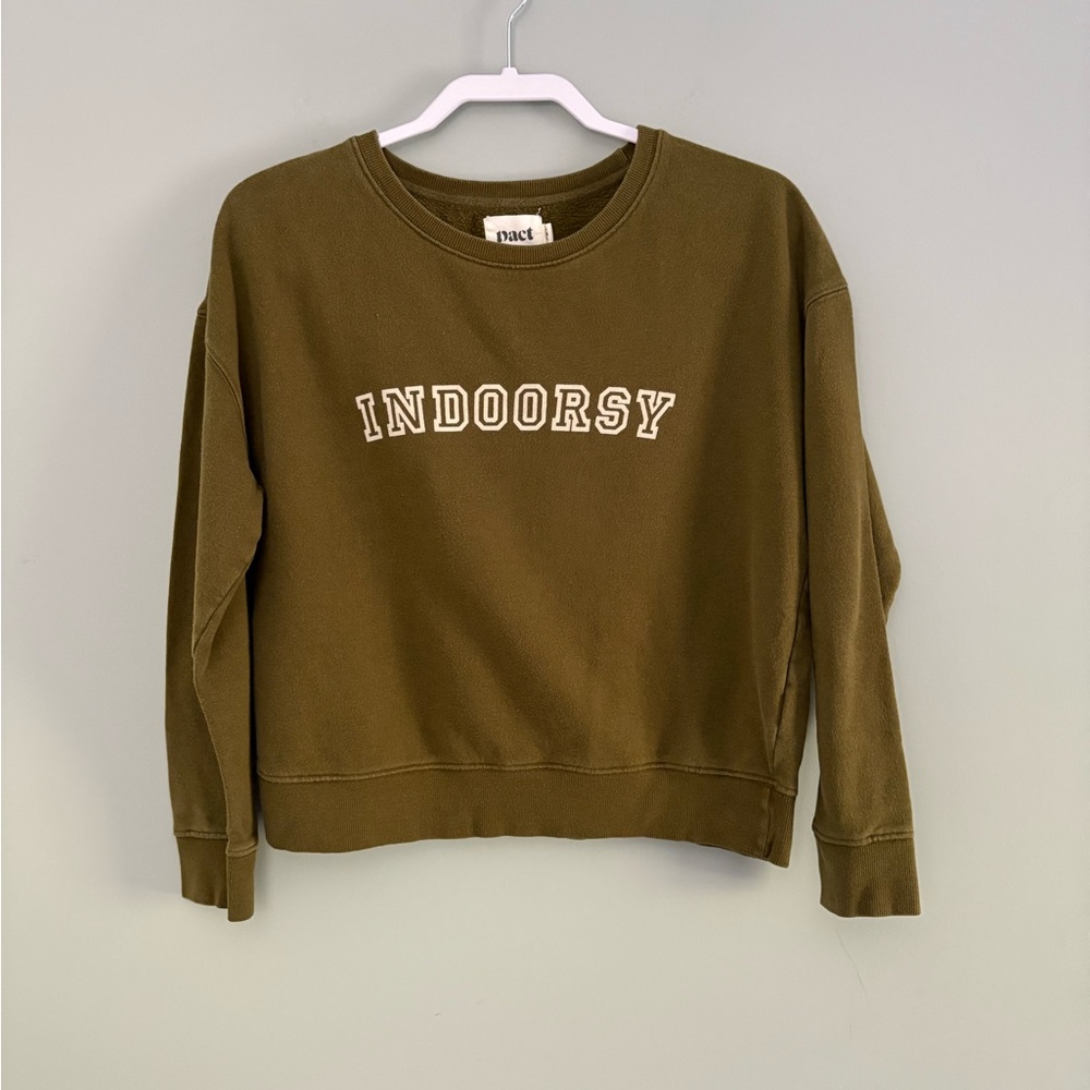 Pact "Indoorsy" Olive Cotton Sweatshirt Size M - Picture 3 of 9